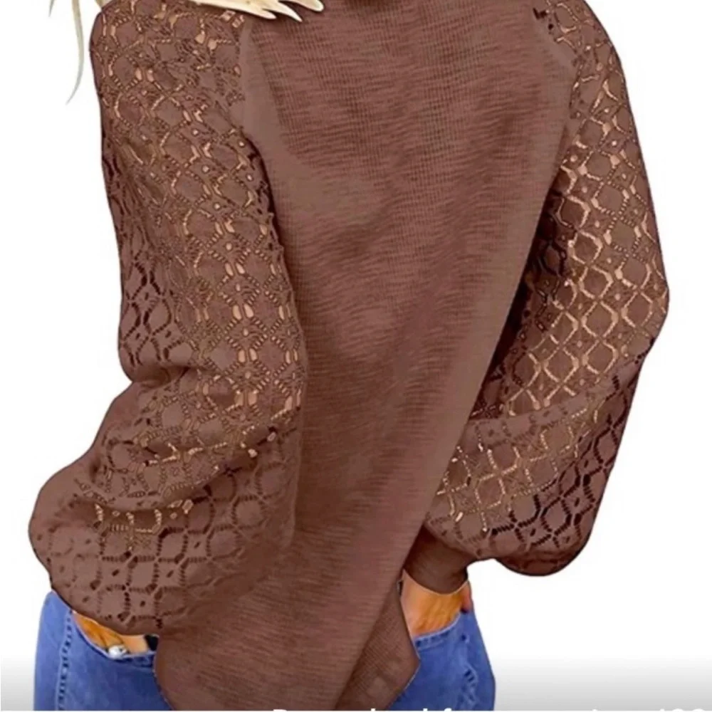 Miholl Thermal Lace Sleeve brown Long Sleeve Top. Size Large